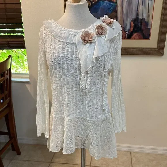 Zba (zee-bo)Elegant White Lace Women Top with Floral Fringe Accents Size Large - Picture 8 of 12